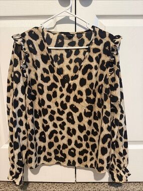 Leopard Print V-Neck Blouse - Black & Cream